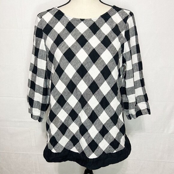 J. Jill Love Linen Black White Buffalo Check Plaid Top Sz MP Medium Petite - Picture 1 of 7